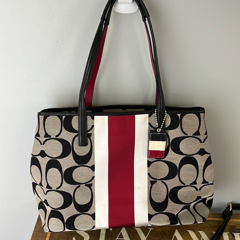 Coach Signature Tote with Red and White Stripe